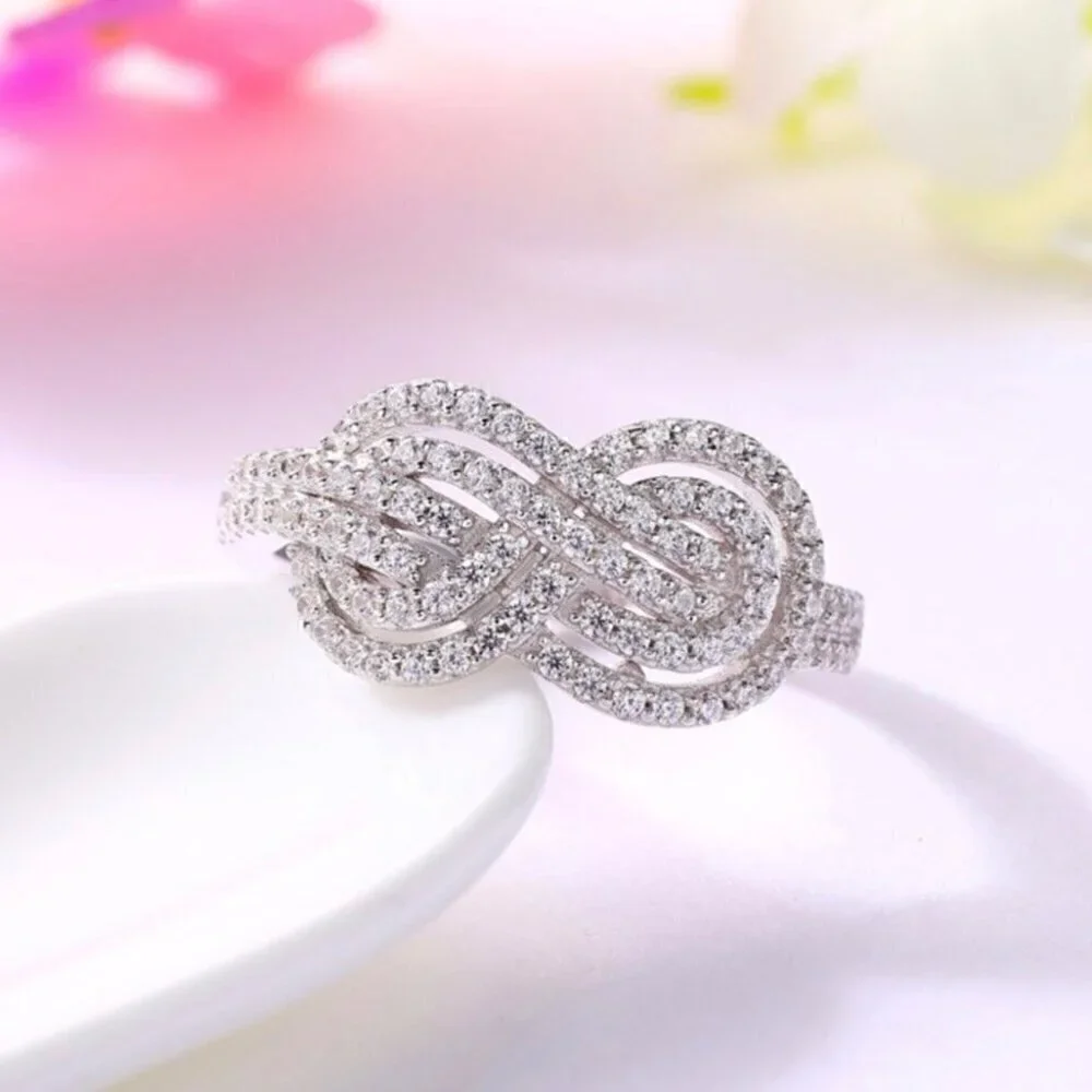 NEW 14K White Gold Plated Cubic Zirconia Pave Infinity Knot Ring Sz. 8